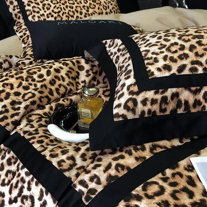 Luxury leopard print lyocell cotton bedding set with black trim and decorbites leopard print pillow embroidered maloari
