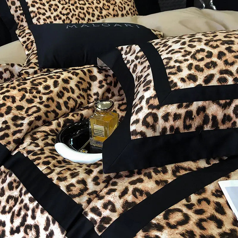 Luxury leopard print lyocell cotton bedding set with black trim and decorbites leopard print pillow embroidered maloari