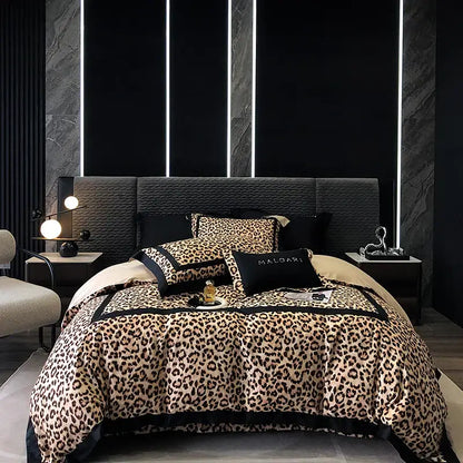 Luxury leopard print lyocell cotton bedding set with black trim and maloari branded pillow for bedroom decorbites style