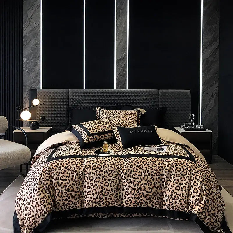 Luxury leopard print lyocell cotton bedding set with black trim and maloari branded pillow for bedroom decorbites style