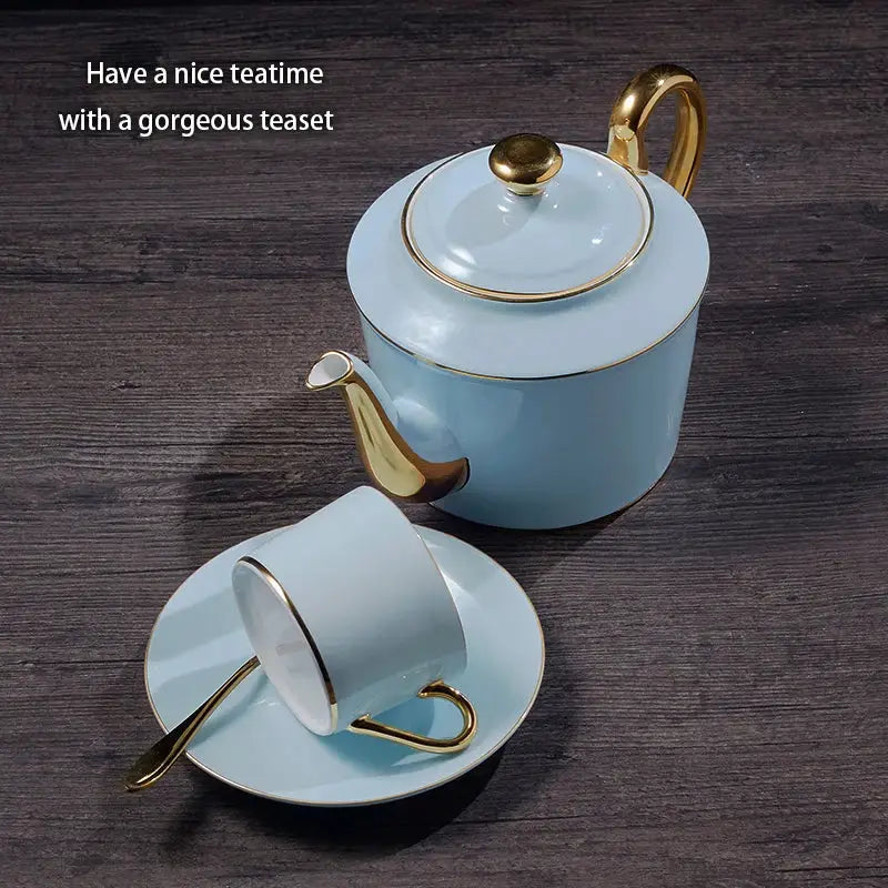 Luxury light blue porcelain teapot with gold accents in decorbites bone china coffee set for elegant dining room use