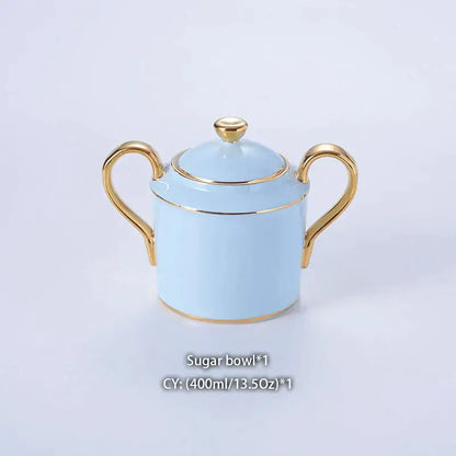 A delicate light blue bone china coffee set sugar bowl with gold handles and matching lid from decorbites bone china