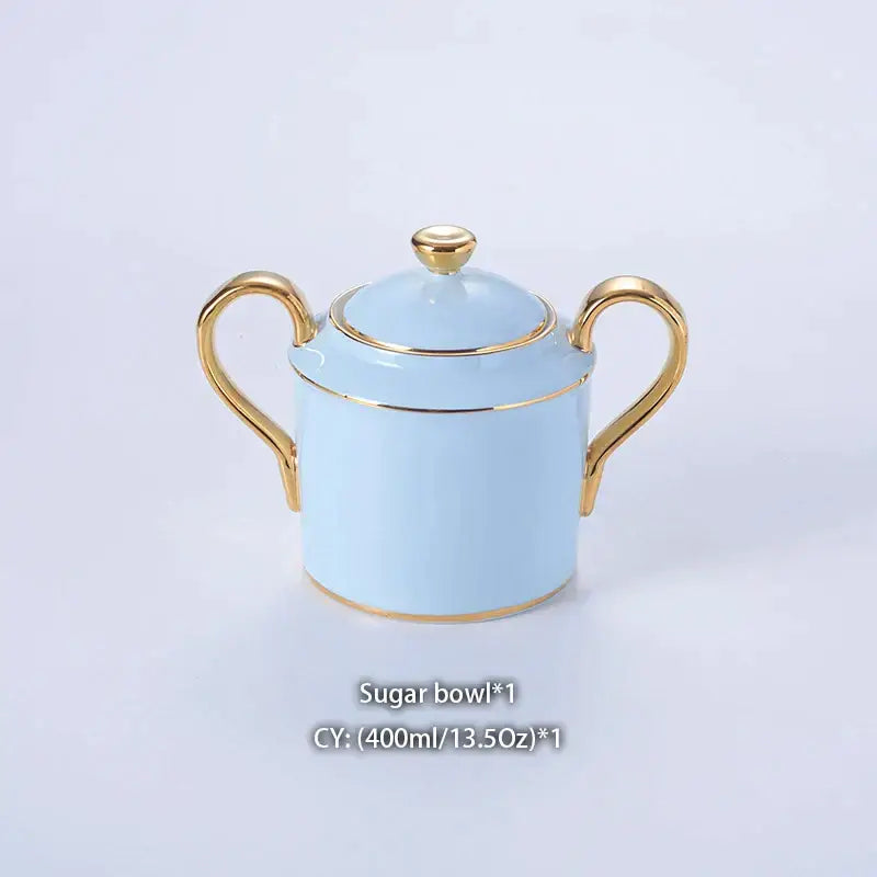 A delicate light blue bone china coffee set sugar bowl with gold handles and matching lid from decorbites bone china