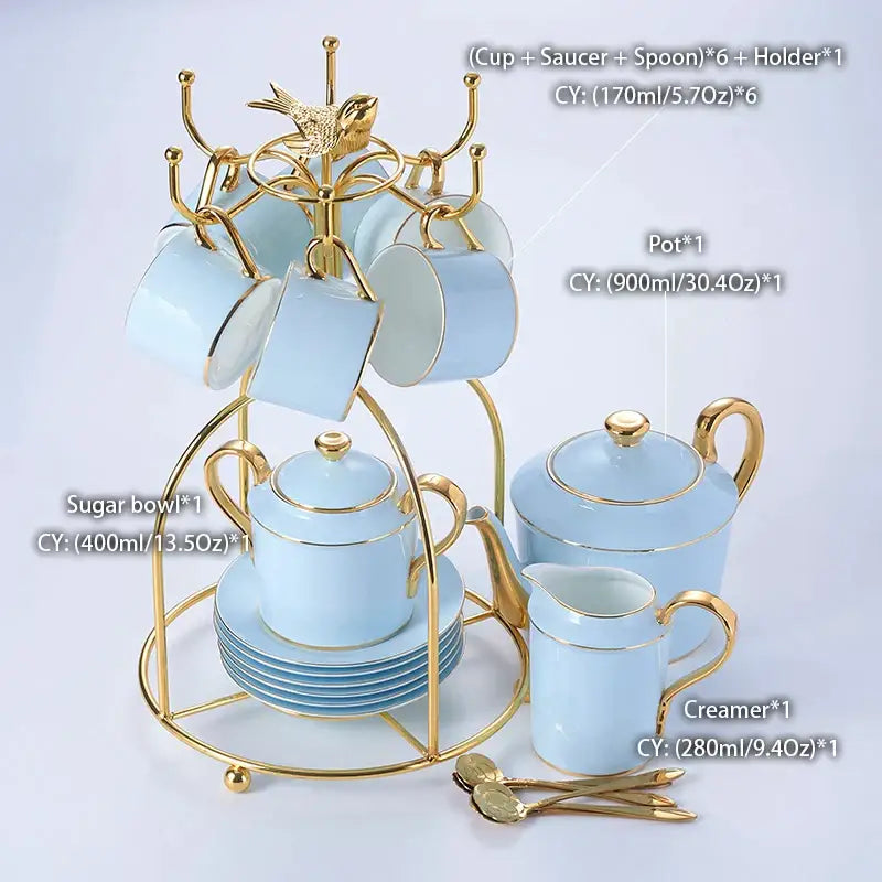 Luxury light blue decorbites bone china coffee set teapot with gold trim on matching golden metal stand for dining room