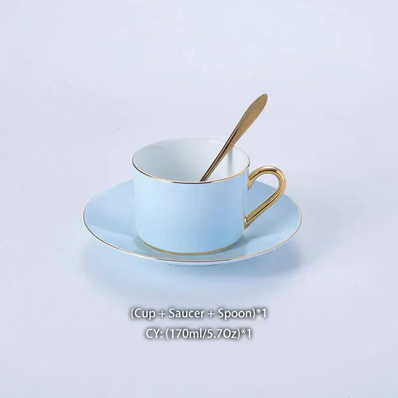 Luxury light blue bone china coffee set featuring a porcelain teacup with gold rim and handle and matching saucer decorbites bone china