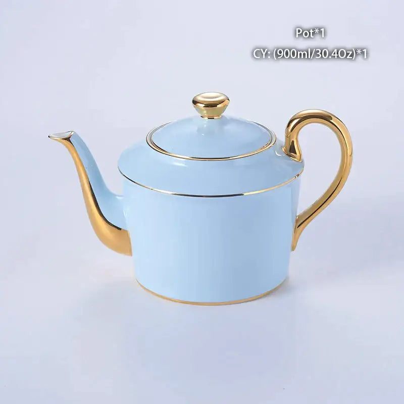 A delicate light blue bone china coffee set teapot with gold trim from decorbites luxury collection for dining room