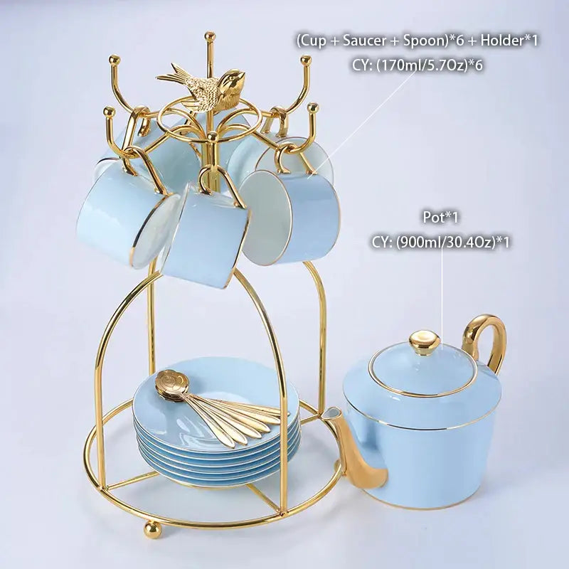 Luxury light blue bone china coffee set with gold trim and metal rack featuring decorbites bone china teacups and pot