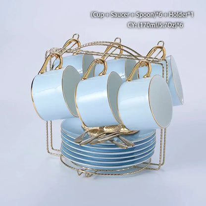 Luxury light blue bone china coffee set with gold rims and matching saucers displayed in ornate golden rack decorbites bone china