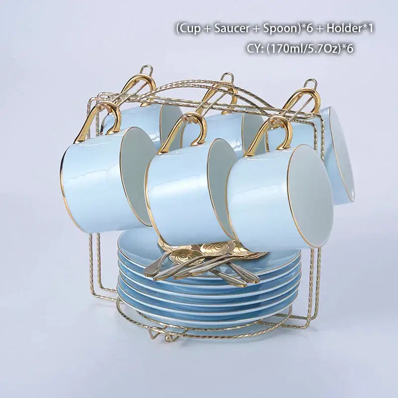 Luxury light blue bone china coffee set with gold rims and matching saucers displayed in ornate golden rack decorbites bone china