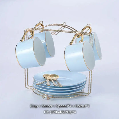 Luxury light blue decorbites bone china coffee set cup with gold rim on matching gold-toned metal holder