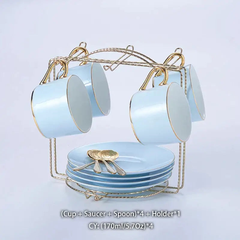 Luxury light blue decorbites bone china coffee set cup with gold rim on matching gold-toned metal holder