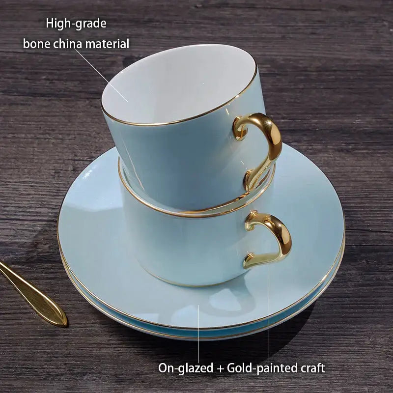 Luxury light blue bone china coffee set with gold handle and rim by decorbites bone china for elegant dining room use