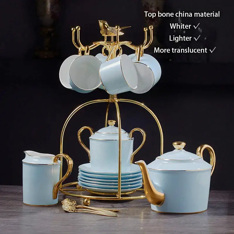 Luxury light blue bone china coffee set with gold accents and ornate golden stand by decorbites bone china
