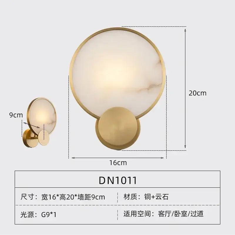 Gold-toned copper wall lamp dn1011 with circular marble shade and matching base for luxury bedroom lighting