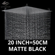 Matte black 20-inch square rainfall shower head with multiple jets for a luxury shower experience