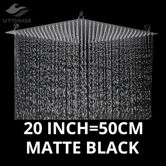 Matte black 20-inch square rainfall shower head with multiple jets for a luxury shower experience