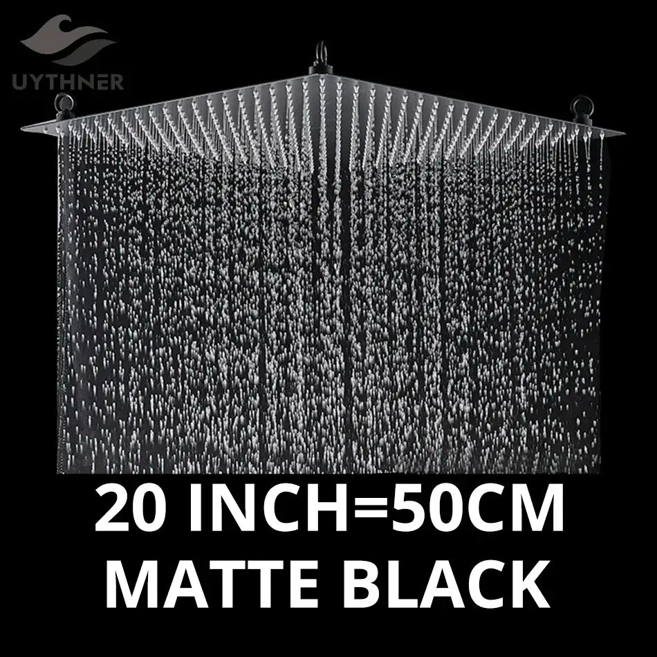 Matte black 20-inch square rainfall shower head with multiple jets for a luxury shower experience