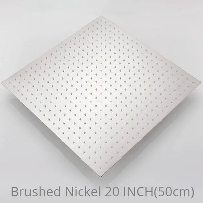 Brushed nickel square rainfall shower head with diamond-shaped perforations for a luxury shower experience