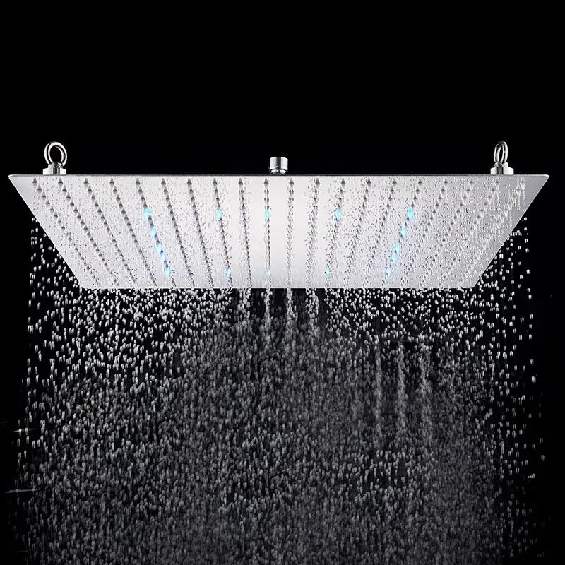 Luxury matte black rainfall shower head in brushed stainless steel with multiple nozzles and integrated blue led lighting for enhanced shower experience