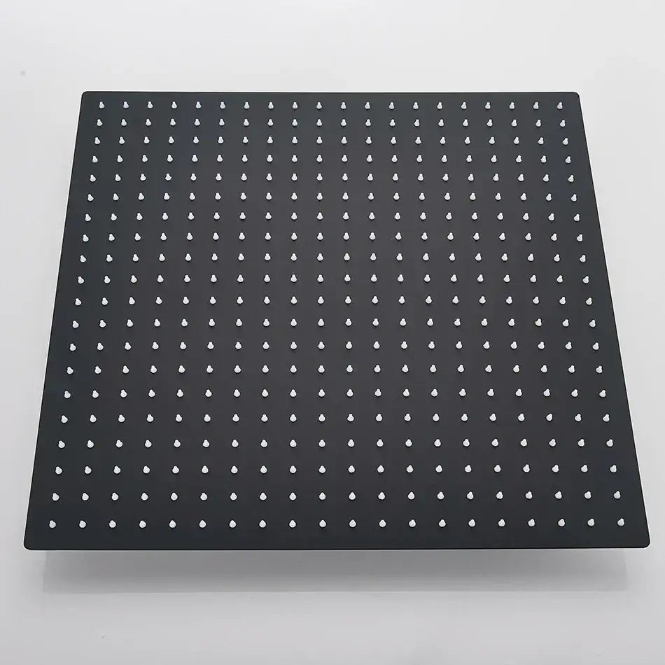 Luxury matte black rainfall shower head with a matte finish and white droplet nozzles for enhanced shower experience