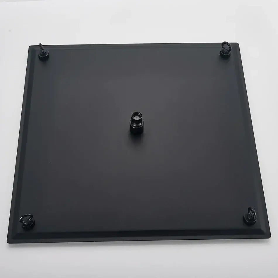 Luxury matte black glass display stand with four hooks and central post showcasing rainfall shower head for enhanced shower experience