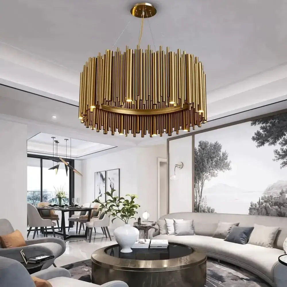 Golden cylindrical chandelier with a modern radial design for the living room by decorbites luxury modern round gold