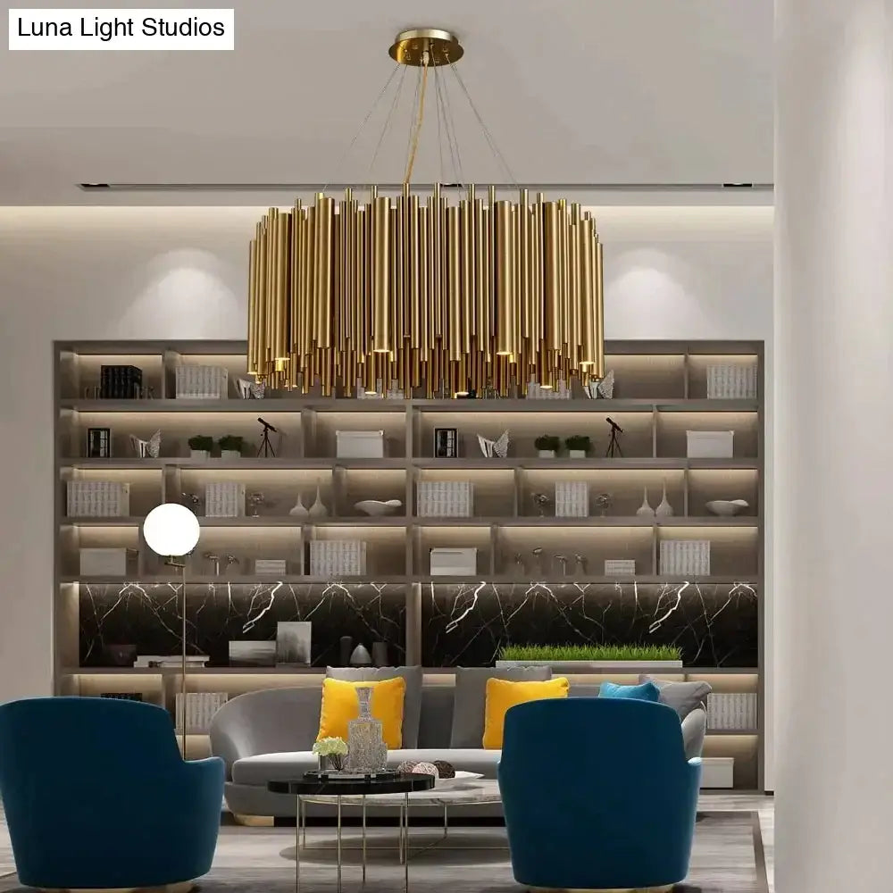Golden cylindrical chandelier with luxury modern round gold design for living room by DecorBites™ Maddison