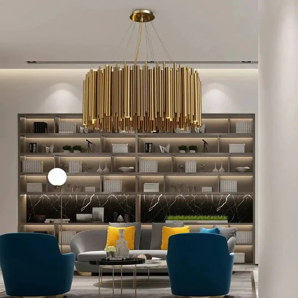 Golden cylindrical luxury modern round chandelier with minimalist design hanging in living room by decorbites maddison