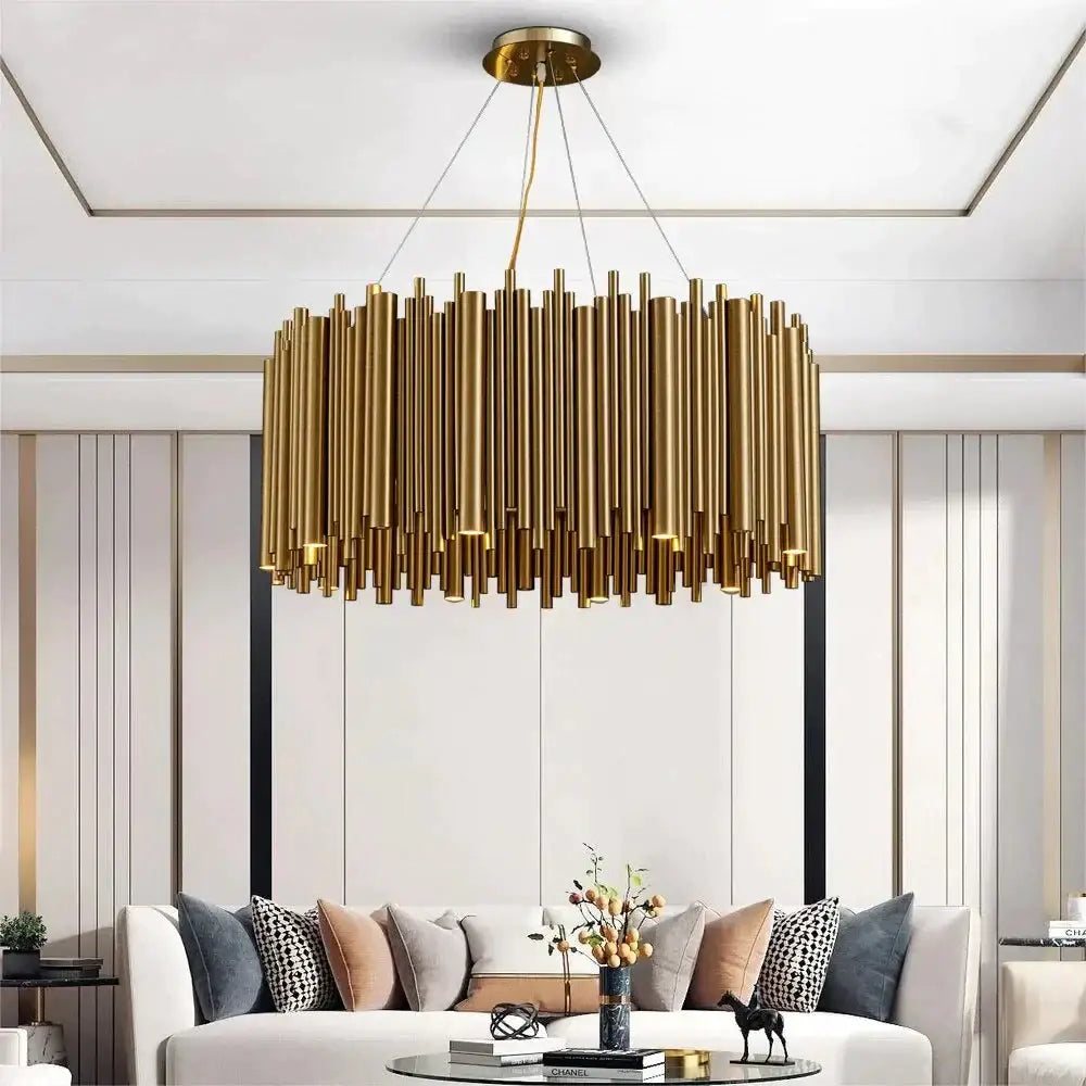 Gold-toned cylindrical round gold chandelier with modern minimalist design luxury modern round lighting for living room