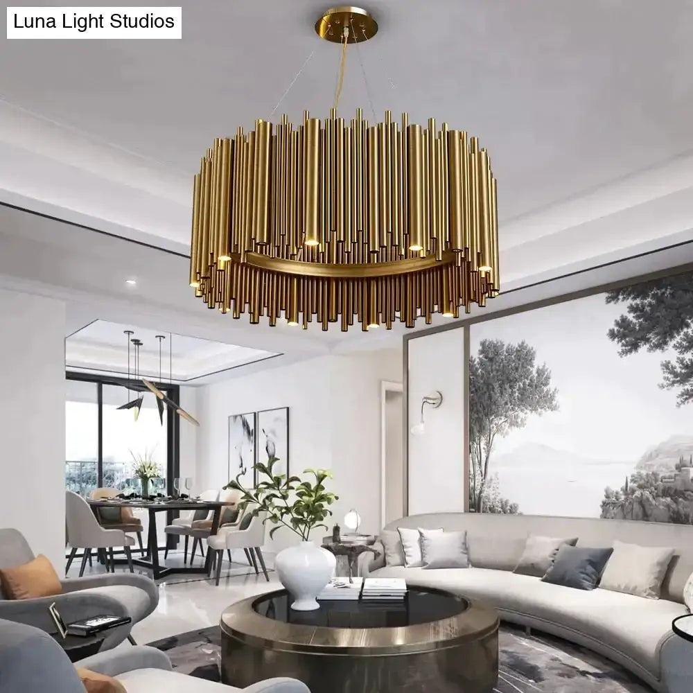 DecorBites™ Maddison luxury modern round gold chandelier with cylindrical radial design for living room lighting