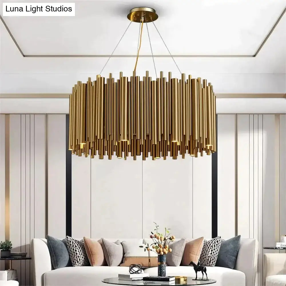 Gold-toned cylindrical luxury modern round chandelier by decorbites for living room with minimalist design