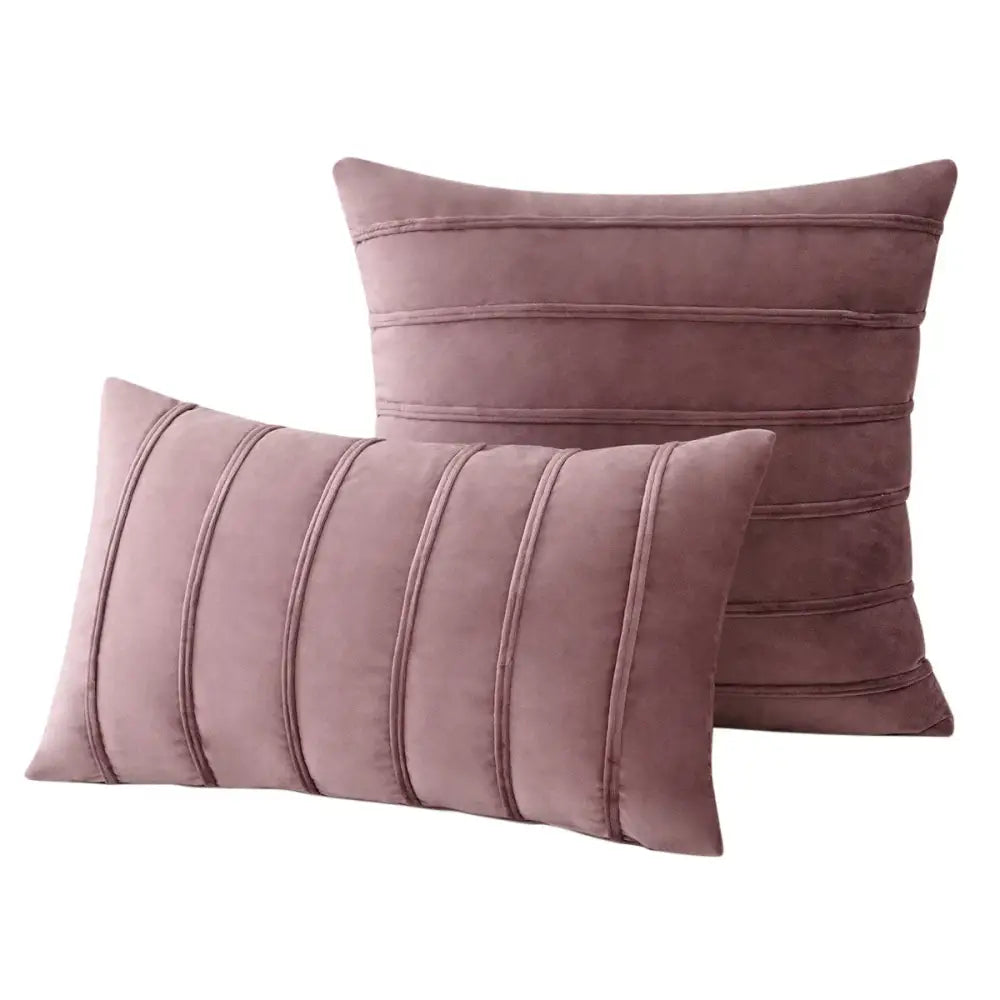 Two mauve velvet throw pillows with stitched vertical channeling complement decorbites blue velvet stripe pillow covers
