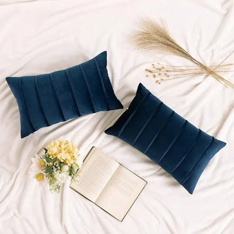 Two navy blue velvet stripe pillow covers with vertical pleats for luxury living room decorbites blue velvet cushion cases