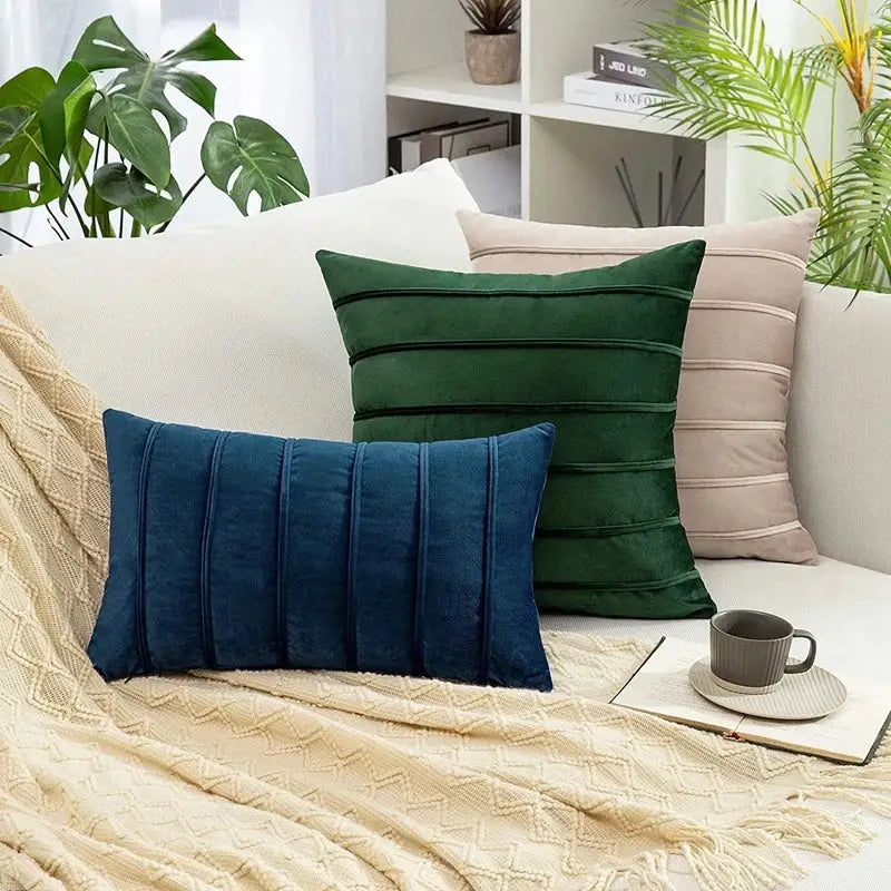 Luxury navy blue velvet stripe pillow covers with deep teal and forest green velvet vertical pleated decorbites blue velvet