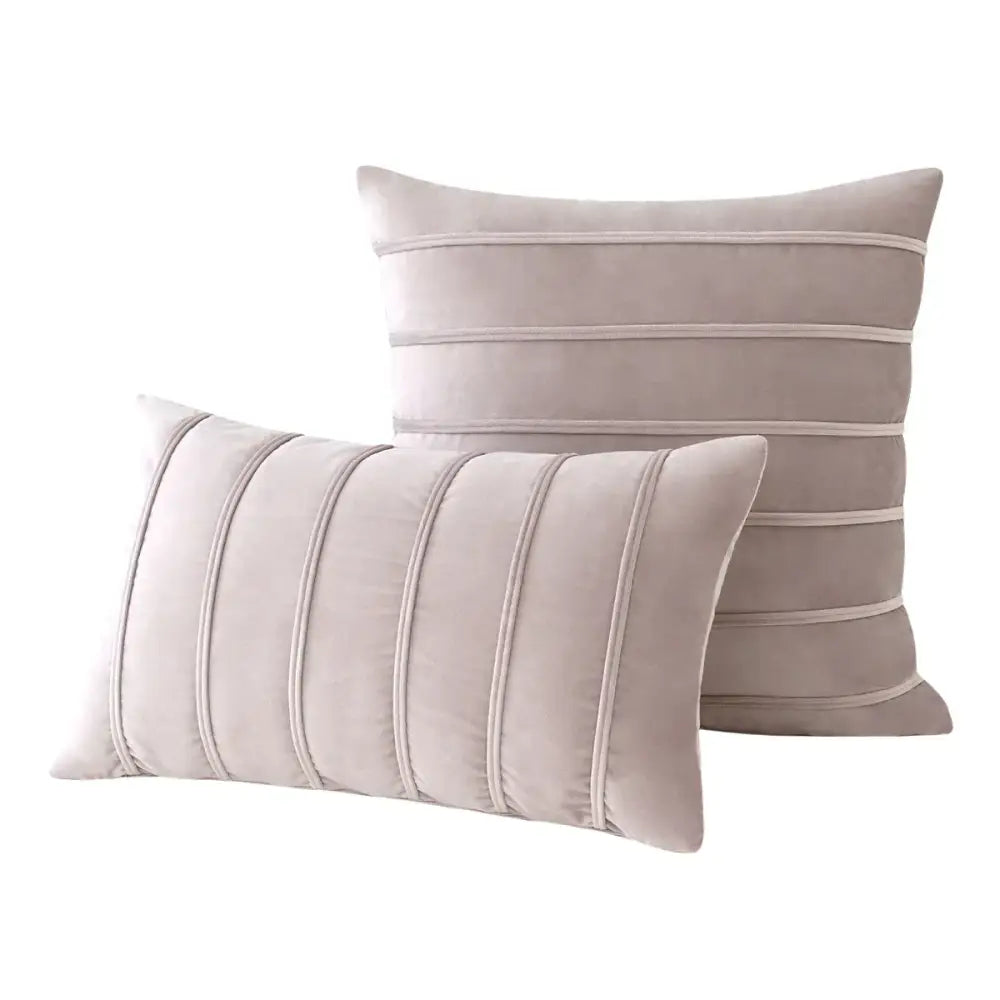 Beige velvet throw pillow covers with subtle horizontal pleating and piping for decorbites blue velvet stripe decor