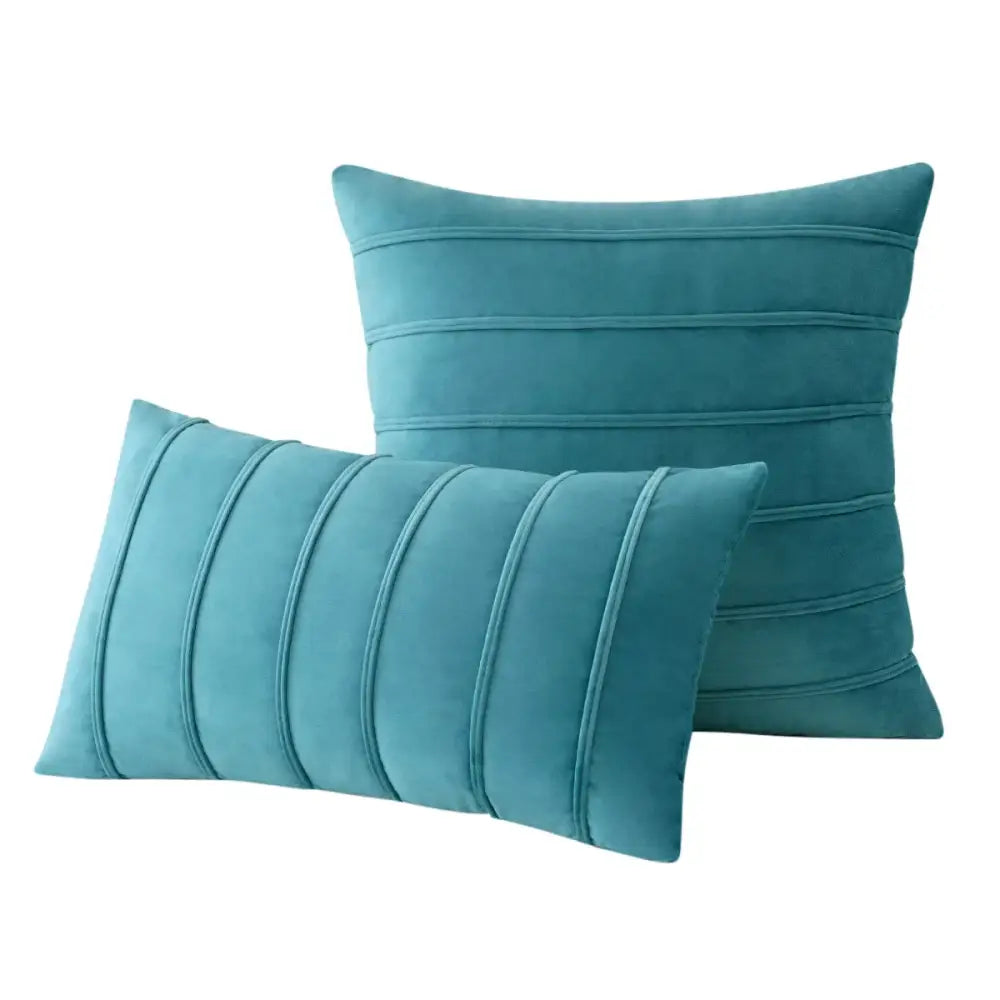 Teal velvet throw pillow covers with vertical stitched blue velvet stripe design for living room decorbites cushion cases