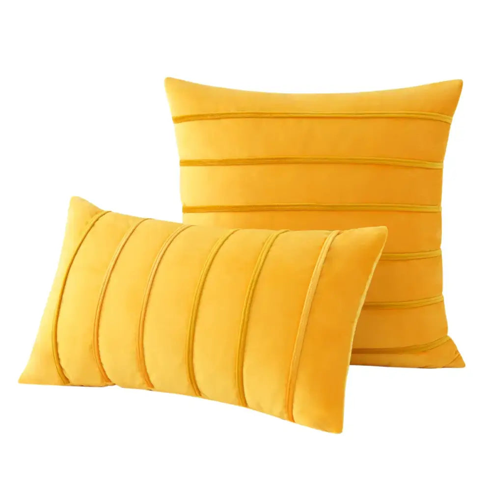 Set of two mustard-yellow velvet pillow covers with horizontal pleated detailing for living room decorbites blue velvet