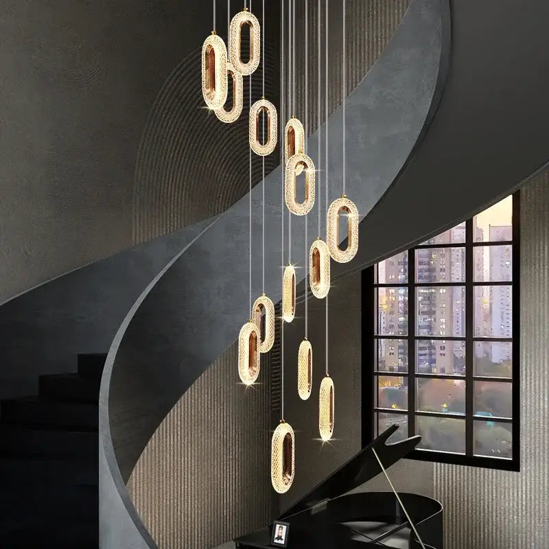 Luxury oval gold decorbites crystal rings chandelier with sparkling crystal-encrusted pendant lights for staircase lighting