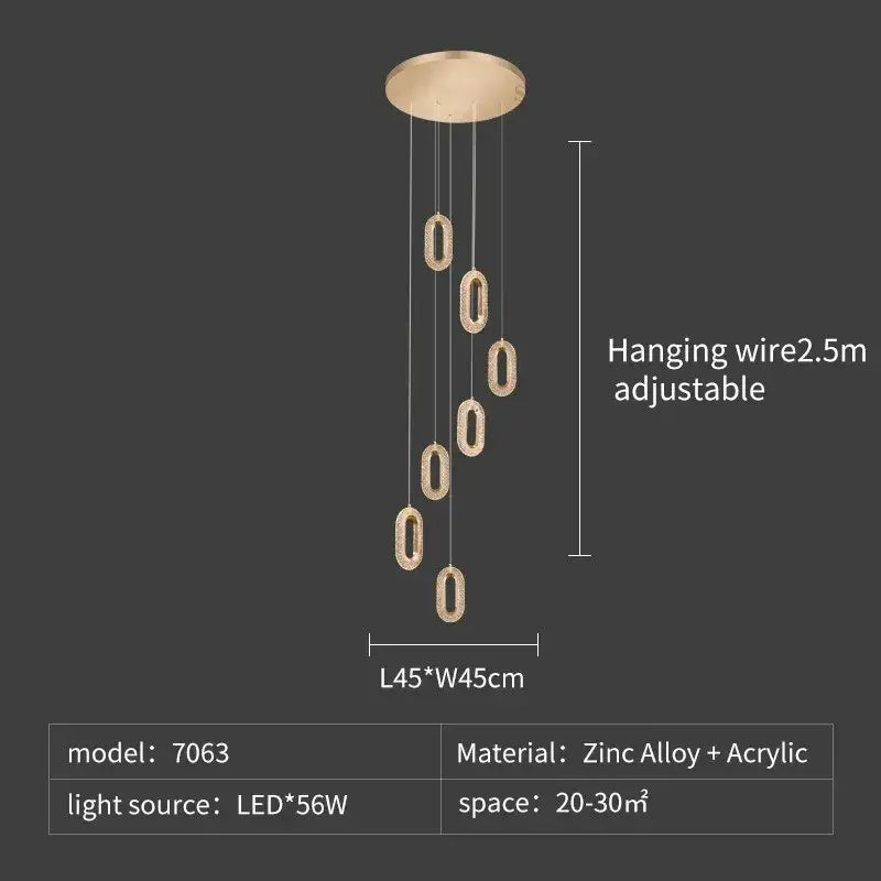 Luxury oval gold decorbites crystal rings chandelier with seven acrylic light fixtures and zinc alloy ceiling mount