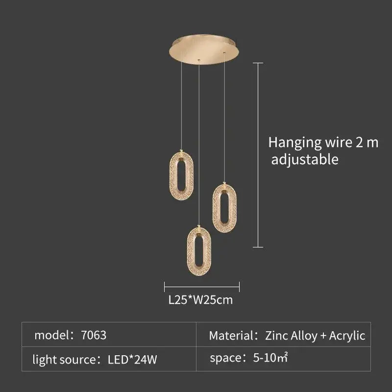 Luxury oval gold decorbites crystal rings chandelier with three oval textured acrylic shades and zinc alloy mount
