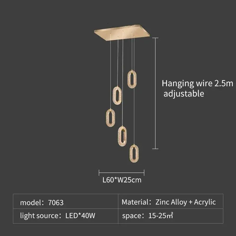 Luxury oval gold decorbites crystal rings chandelier with five acrylic light fixtures and zinc alloy ceiling plate