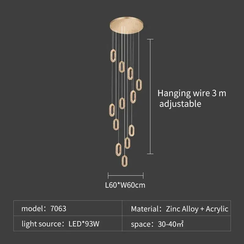 Modern gold-toned decorbites crystal rings chandelier with oval acrylic lights and zinc alloy ceiling mount for staircase lighting