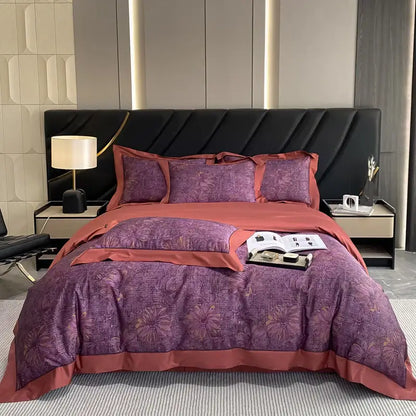 Luxury purple floral-patterned egyptian cotton flower bedding set with rust border and satin trim for bedroom use