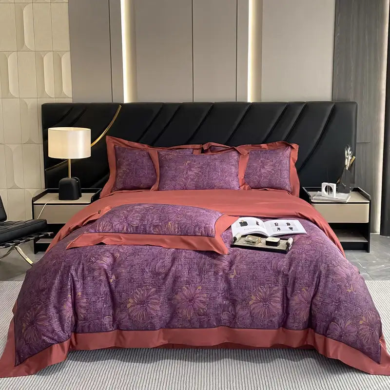 Luxury purple floral-patterned egyptian cotton flower bedding set with rust border and satin trim for bedroom use