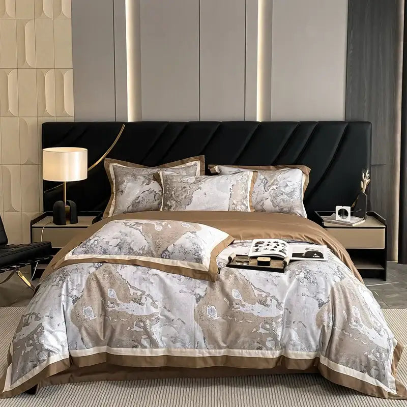 Elegant beige and silver marble-patterned duvet set with gold trim in luxury pink and cream egyptian cotton flower bedding set