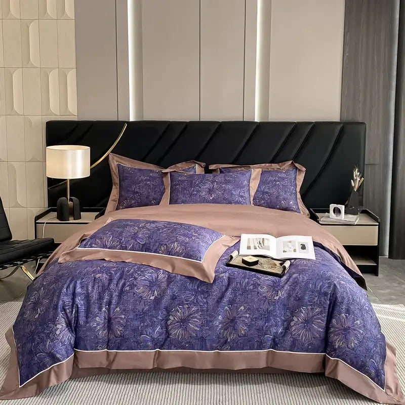Luxury pink and cream egyptian cotton flower bedding set with purple floral pattern and satin finish with taupe piping