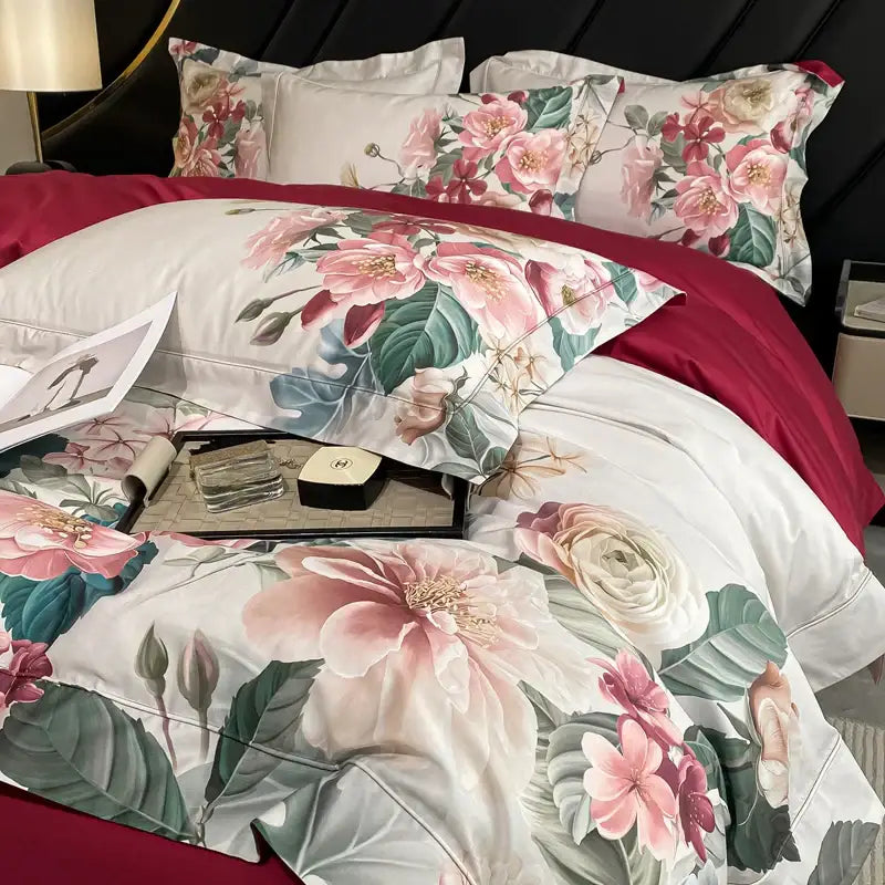Elegant cotton flower bedding set in soft white with vibrant pink roses made from luxury egyptian cotton flower fabric