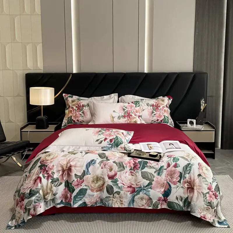Luxury pink and cream egyptian cotton flower bedding set with soft roses and deep red accents for bedroom use