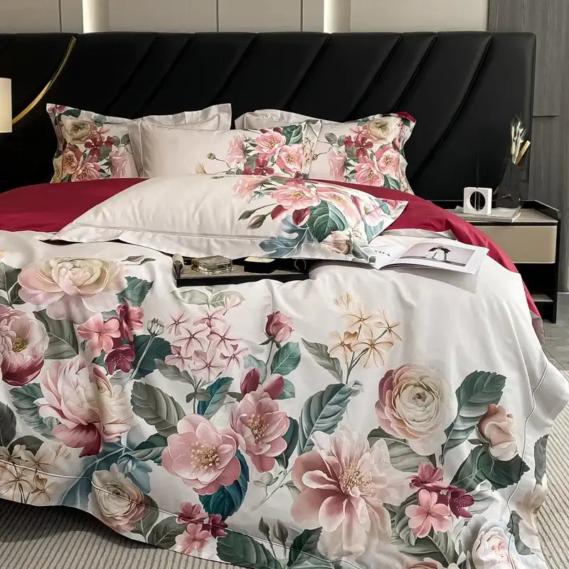 Elegant luxury pink and cream egyptian cotton flower bedding set with floral patterns on white satin-like fabric