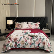 Luxury pink and cream egyptian cotton flower bedding set with floral pattern and deep red edges for elegant bedroom decor
